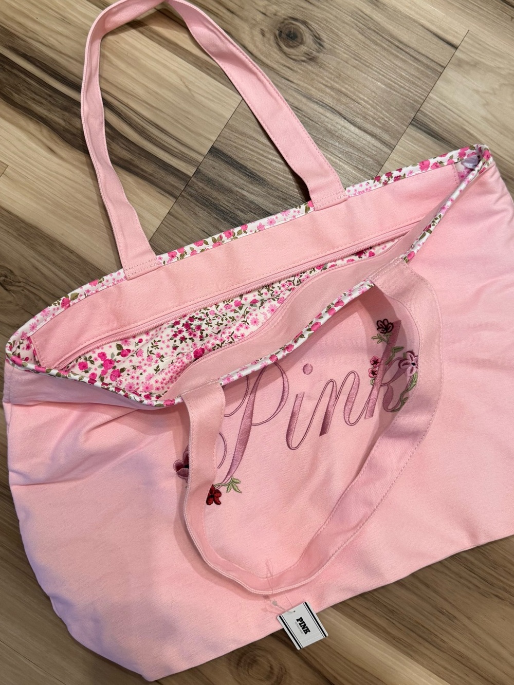 PINK Victoria's Secret Light Pink Canvas Tote with Croquette Floral lining NWT